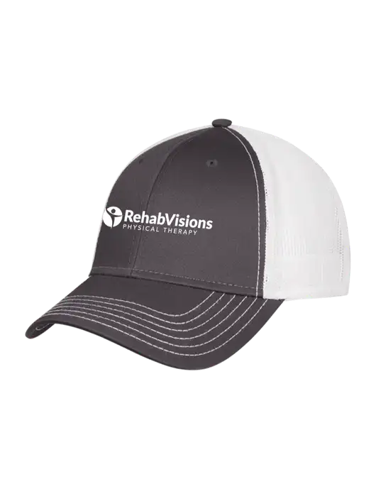 Dark Grey/White Mesh Trucker Cap Snap Back w/RV Physical Therapy Logo