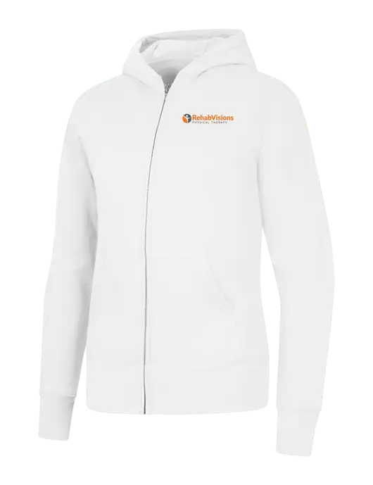 White Womens Core Fleece Full-Zip Hooded Sweatshirt w/RV Physical Therapy Logo