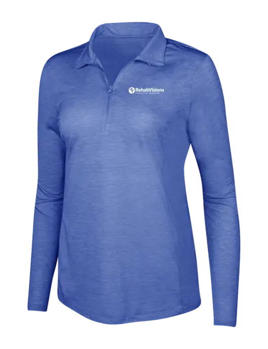 True Royal Heather Womens Posicharge Tri-Blend Wicking 1/4 Zip Pullover w/RV Physical Therapy Logo
