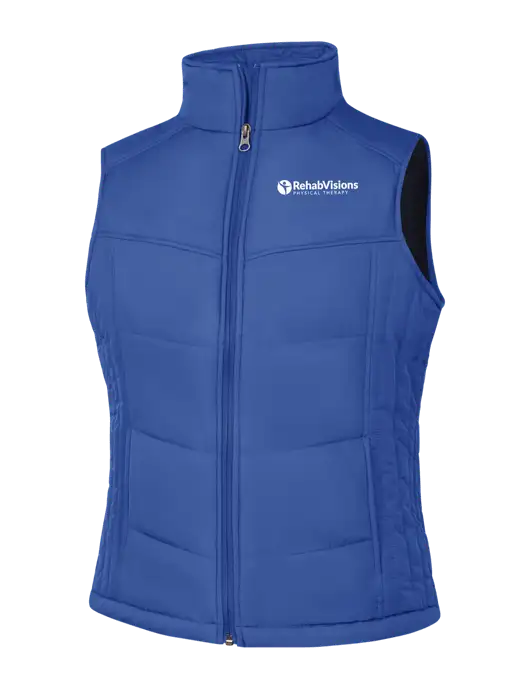Womens Dark Royal Blue/Black Puffy Vest w/RV Physical Therapy Logo