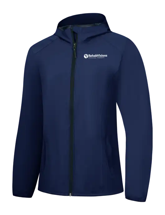 Womens Navy Essential Rain Jacket w/RV Physical Therapy Logo