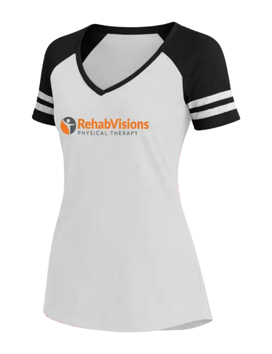 Womens White/Black V-Neck Game Tee w/RV Physical Therapy Logo