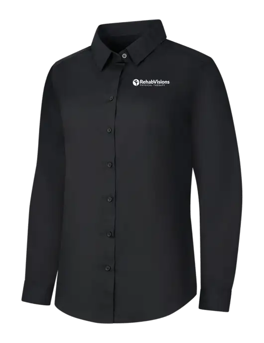Womens Black Long Sleeve Carefree Poplin Shirt w/RV Physical Therapy Logo