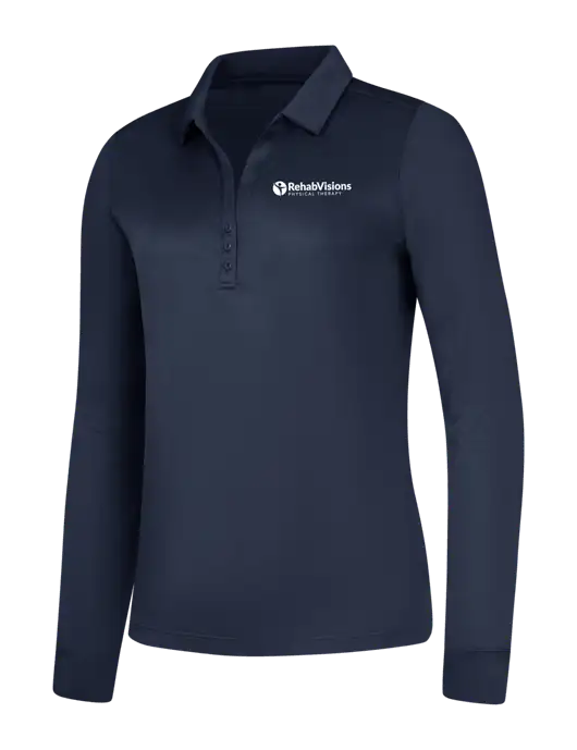 Womens Navy Silk Touch Performance Long Sleeve Polo w/RV Physical Therapy Logo