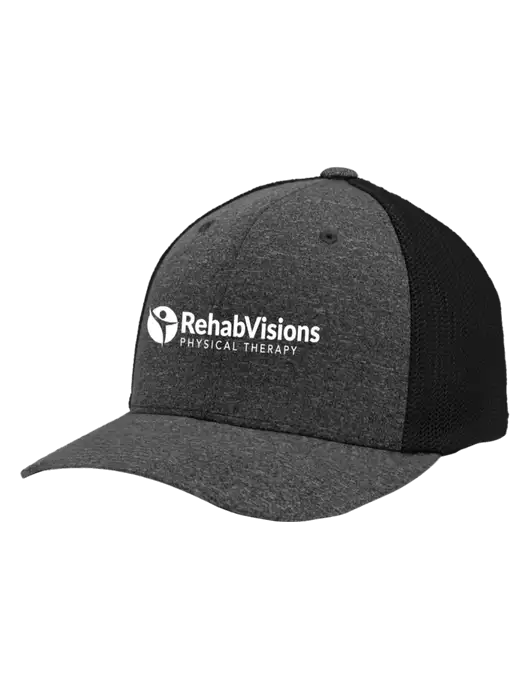 Flexfit Black/Dark Charcoal Heather Melange Mesh Back Trucker Cap w/RV Physical Therapy Logo