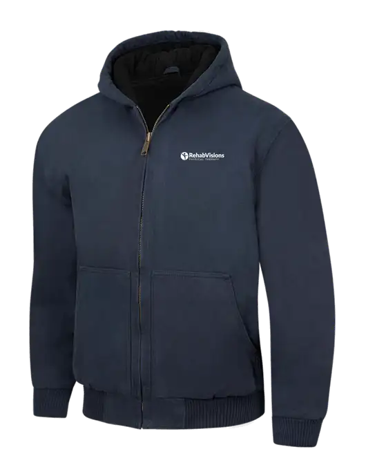 CornerStone Navy Washed Duck Cloth Insulated Hooded Work Jacket w/RV Physical Therapy Logo