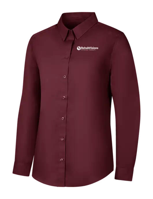 Womens Maroon Long Sleeve Carefree Poplin Shirt w/RV Physical Therapy Logo