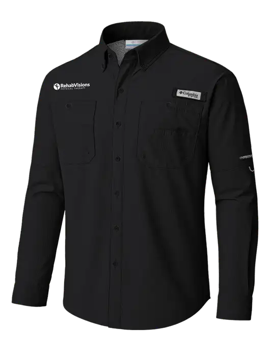 Columbia Black PFG Tamiami II Long SleeveShirt w/RV Physical Therapy Logo