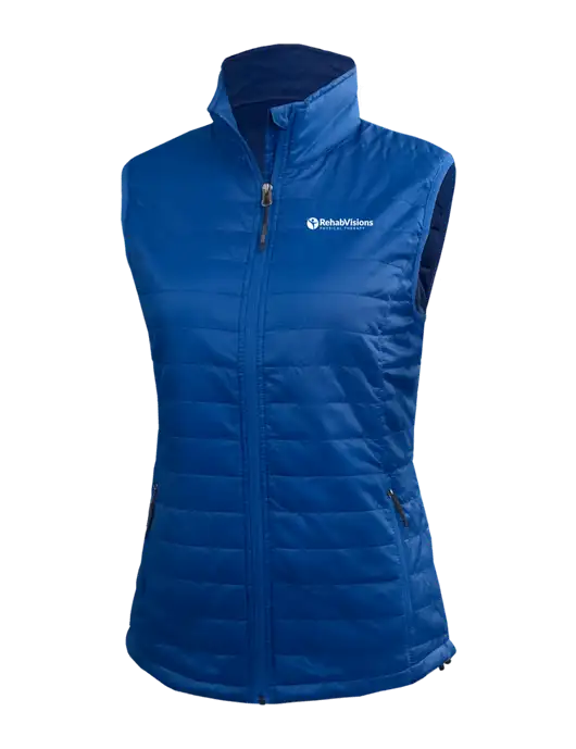 Womens Packable Royal Puffy Vest w/RV Physical Therapy Logo