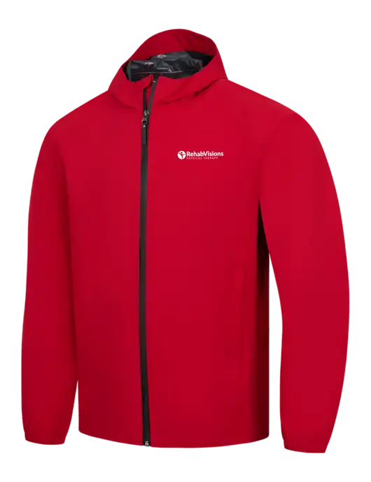 Red Essential Rain Jacket w/RV Physical Therapy Logo