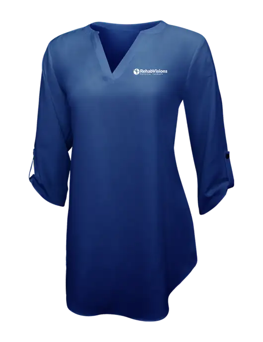 Dark Royal Womens 3/4 Sleeve Tunic Blouse w/RV Physical Therapy Logo