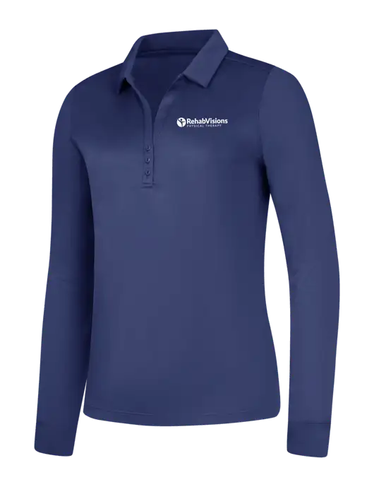 Womens Dark Royal Silk Touch Performance Long Sleeve Polo w/RV Physical Therapy Logo