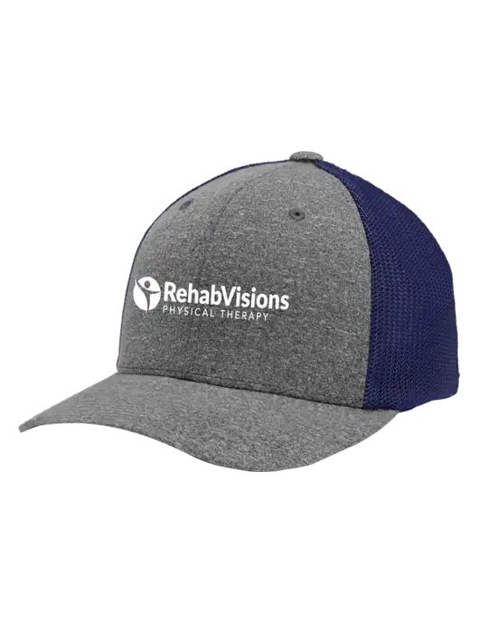 Flexfit Navy/Medium Grey Heather Melange Mesh Back Trucker Cap w/RV Physical Therapy Logo