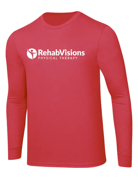Simply Soft Long Sleeve Red Frost 4.5 oz, Poly/Combed Ring Spun Cotton T-Shirt w/RV Physical Therapy Logo