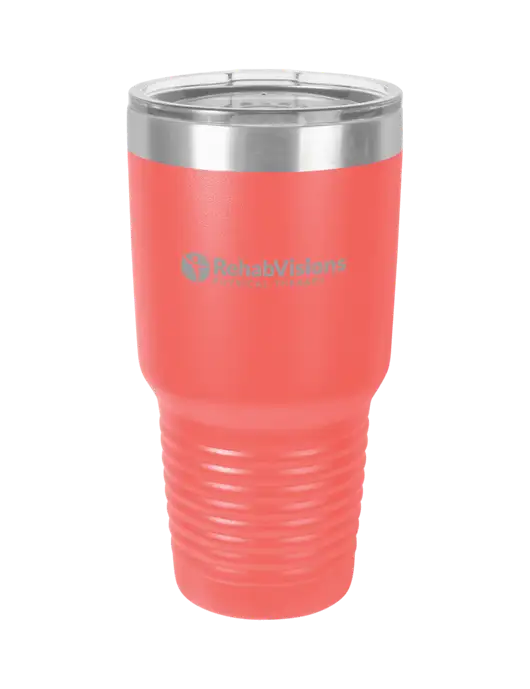 Polar Camel 30 oz Powder Coated Coral Vacuum Insulated Tumbler  w/RV Physical Therapy Logo