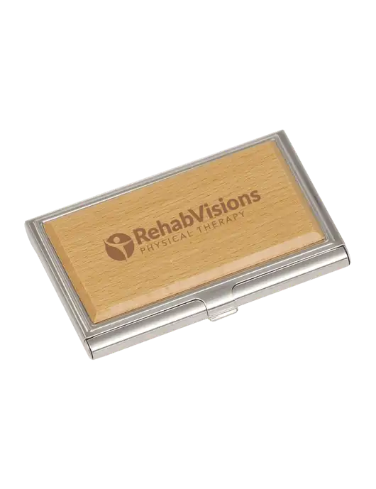 Wood & Silver Business Card Case w/RV Physical Therapy Logo