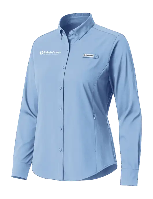 Columbia Light Blue Womens PFG Tamiami II Long Sleeve Shirt w/RV Physical Therapy Logo