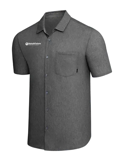 OGIO Dark Grey Heather Extend Short Sleeve Button Up Shirt w/RV Physical Therapy Logo