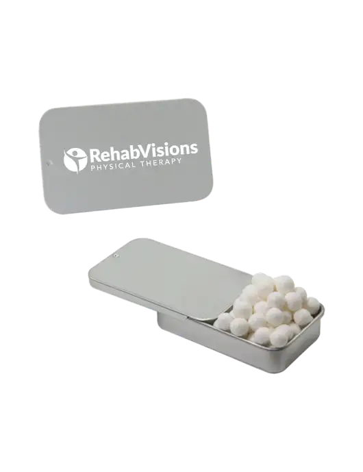 Signature Peppermints In Silver Slider Tin w/RV Physical Therapy Logo