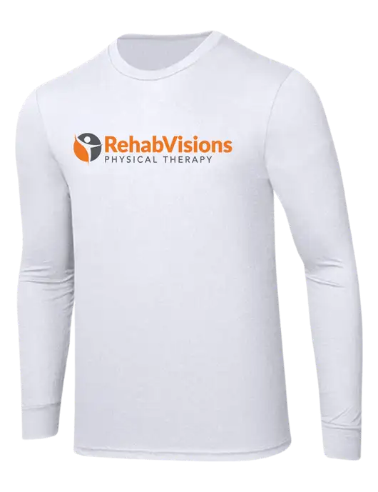 Simply Soft Long Sleeve White 4.5 oz, Poly/Combed Ring Spun Cotton T-Shirt w/RV Physical Therapy Logo