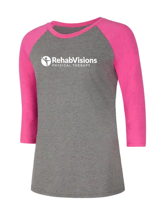 Womens Simply Soft 3/4 Sleeve Fuchsia Frost/Grey Frost Ring Spun Cotton T-Shirt w/RV Physical Therapy Logo