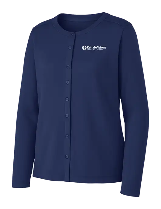 Dress Blue Navy Womens Concept Stretch Button-Front Cardigan Sweater w/RV Physical Therapy Logo