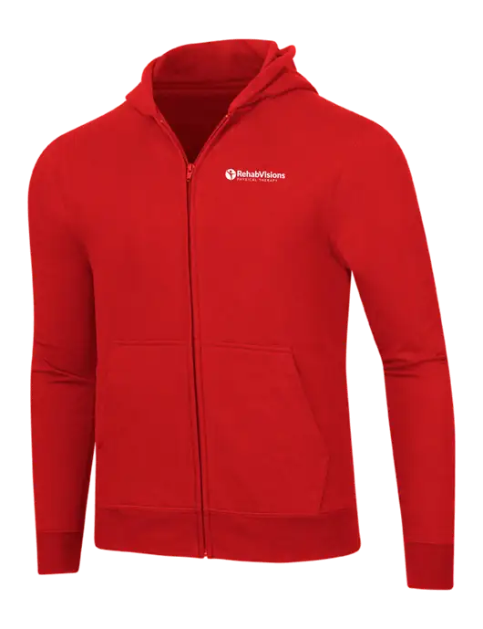 Bright Red 8.5 oz Ring Spun Zip Hooded Sweatshirt w/RV Physical Therapy Logo