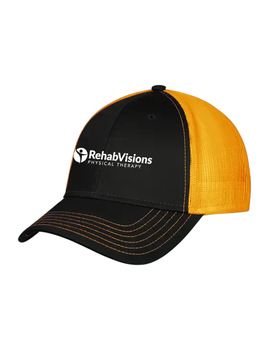 Black/Black/Gold Mesh Gold Stitching on Bill Trucker Cap Snap Back

 w/RV Physical Therapy Logo
