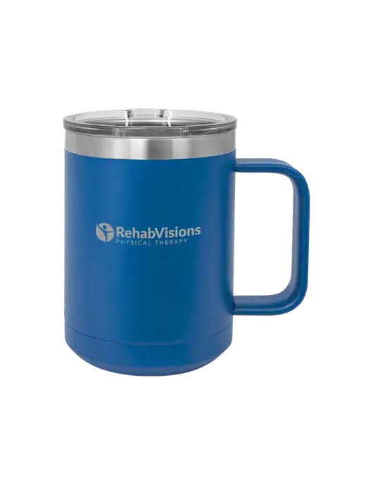 Polar Camel 15 oz Powder Coated Royal Vacuum Insulated Mug with Slider Lid w/RV Physical Therapy Logo