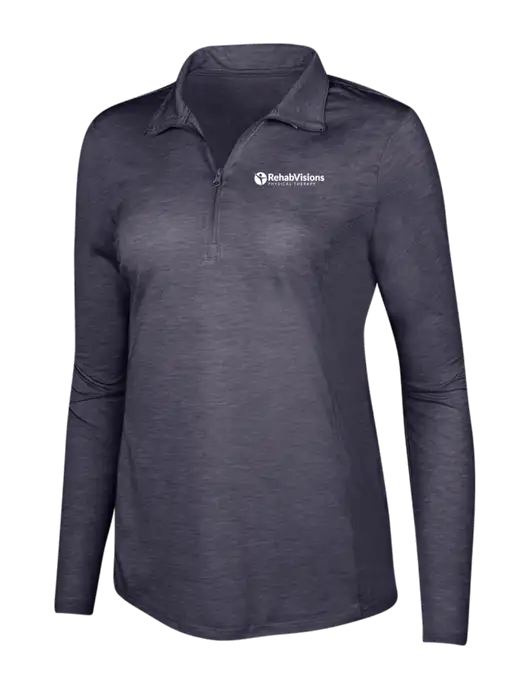 True Navy Heather Womens Posicharge Tri-Blend Wicking 1/4 Zip Pullover w/RV Physical Therapy Logo