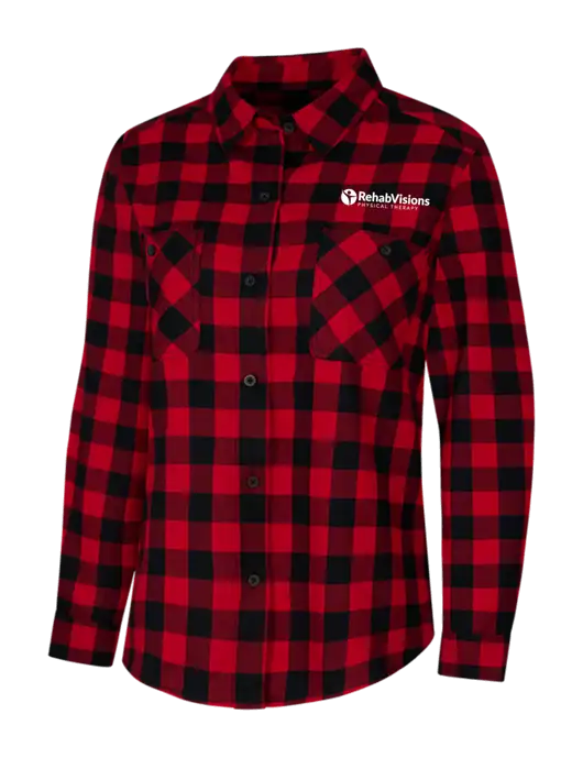 Womens Red/Black Buffalo Check Plaid Flannel Shirt w/RV Physical Therapy Logo