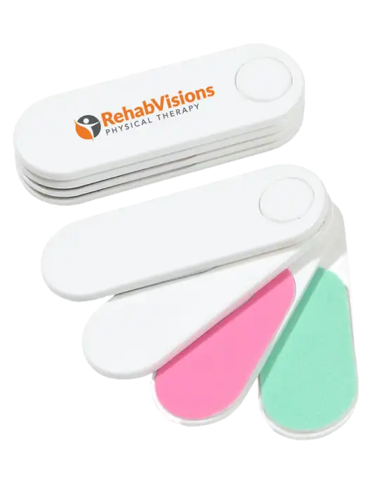 White Folding Nail Files & Buffer w/RV Physical Therapy Logo