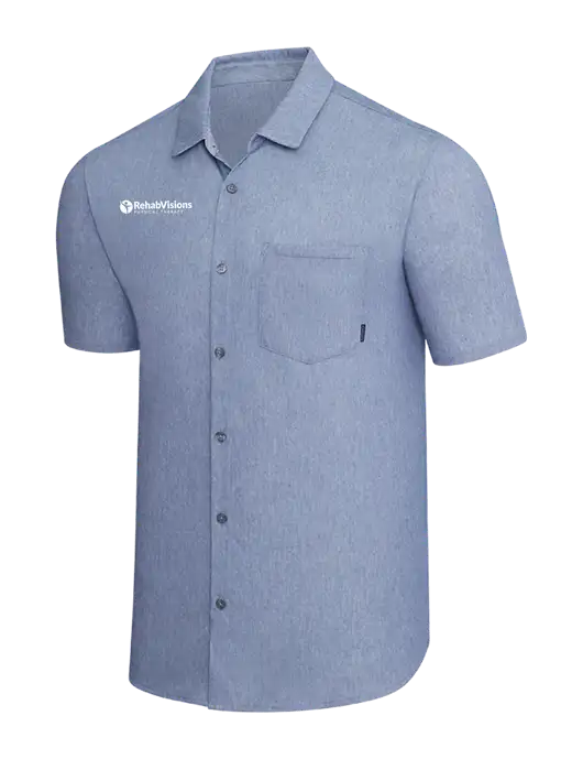 OGIO Slate Blue Heather Extend Short Sleeve Button Up Shirt w/RV Physical Therapy Logo