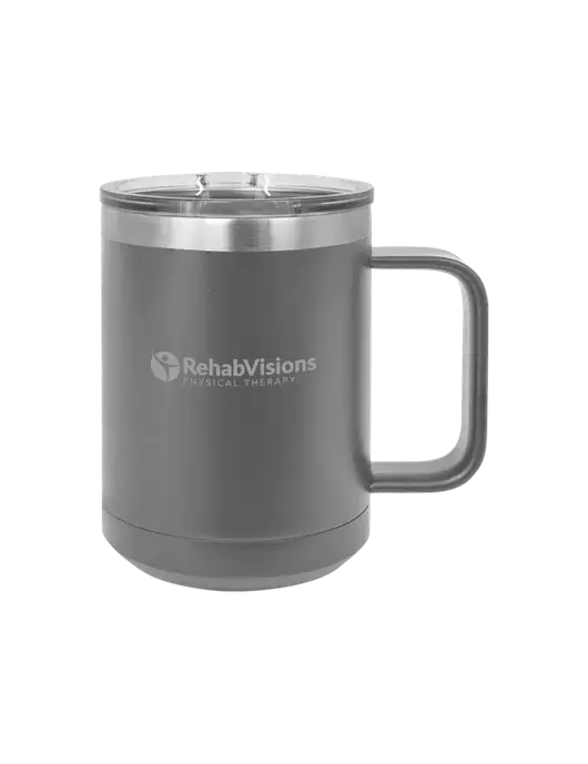 Polar Camel 15 oz Powder Coated Grey Vacuum Insulated Mug with Slider Lid w/RV Physical Therapy Logo