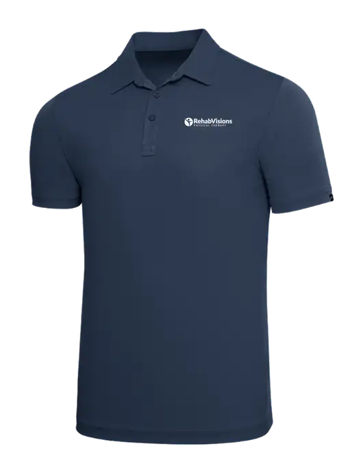 TravisMathew Navy Solid Oceanside Polo w/RV Physical Therapy Logo