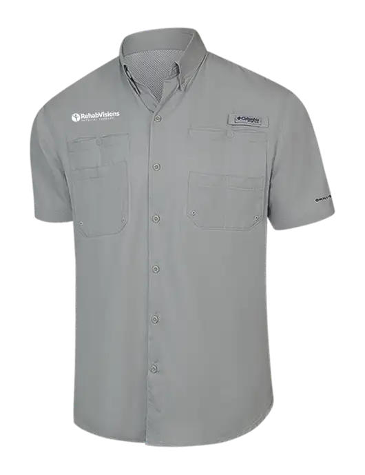 Columbia Light Grey PFG Tamiami II Short Sleeve Shirt w/RV Physical Therapy Logo