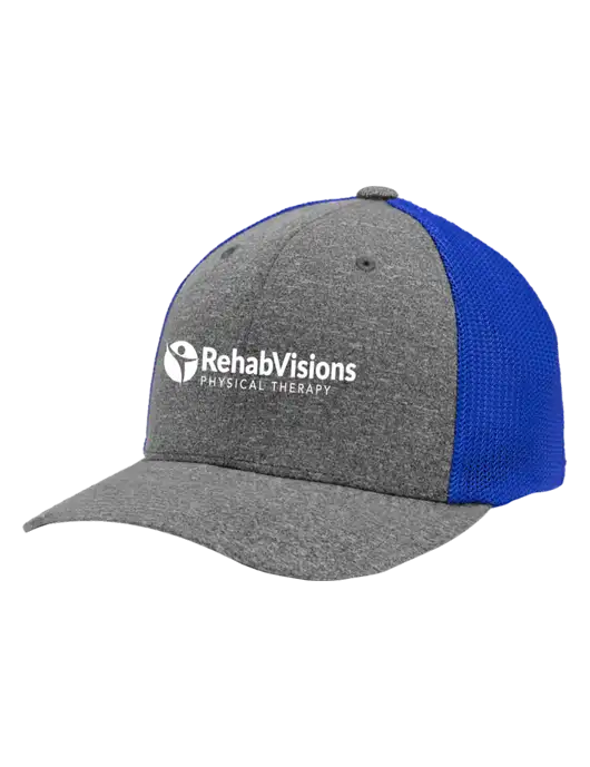 Flexfit Royal/Medium Grey Heather Melange Mesh Back Trucker Cap w/RV Physical Therapy Logo