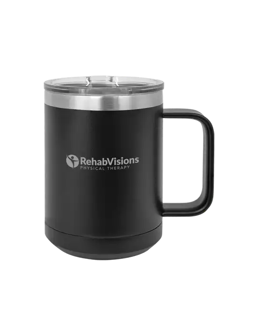 Polar Camel 15 oz Powder Coated Black Vacuum Insulated Mug with Slider Lid w/RV Physical Therapy Logo