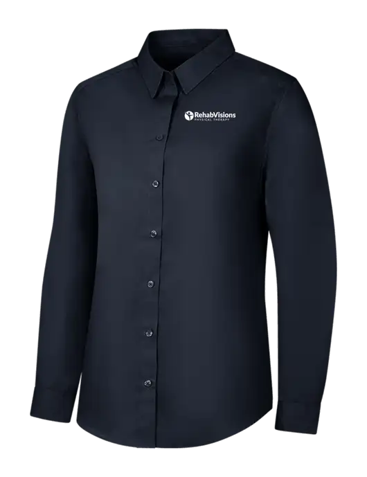 Womens River Blue Navy Long Sleeve Carefree Poplin Shirt w/RV Physical Therapy Logo