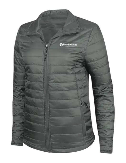 Dark Grey Womens Puffy Packable Jacket w/RV Physical Therapy Logo