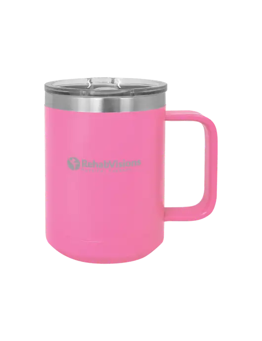 Polar Camel 15 oz Powder Coated Pink Vacuum Insulated Mug with Slider Lid w/RV Physical Therapy Logo