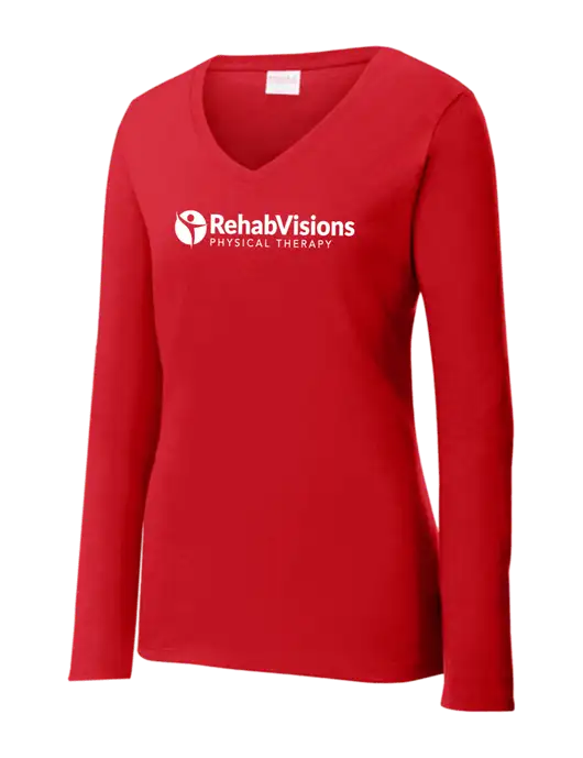 Womens  V-Neck Ring Spun Bright Red 4.5 oz Long Sleeve T-Shirt w/RV Physical Therapy Logo