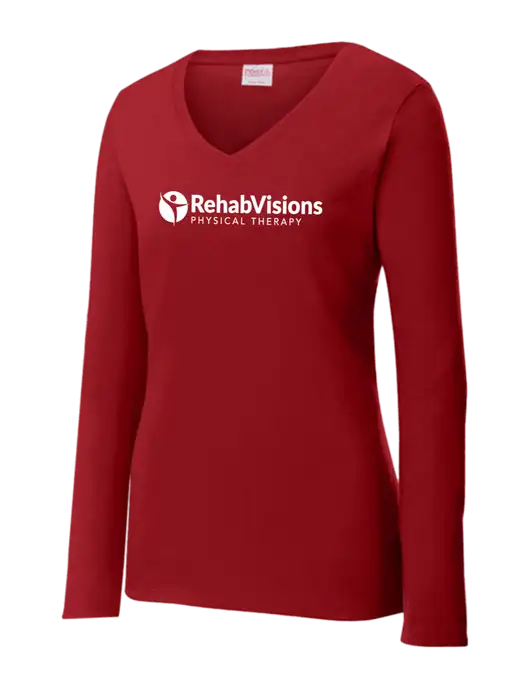 Womens V-Neck Ring Spun Cardinal 4.5 oz Long Sleeve T-Shirt w/RV Physical Therapy Logo