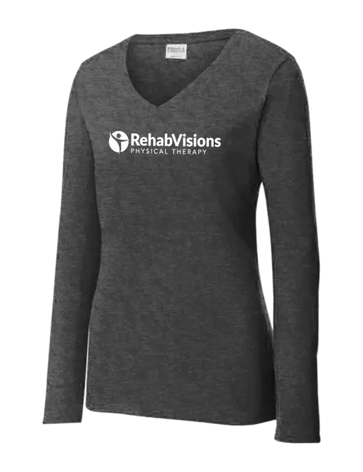 Womens  V-Neck Ring Spun Dark Heather Grey 4.5 oz Long Sleeve T-Shirt w/RV Physical Therapy Logo