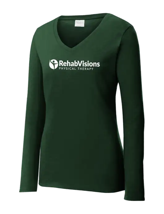 Womens  V-Neck Ring Spun Forest Green 4.5 oz Long Sleeve T-Shirt w/RV Physical Therapy Logo