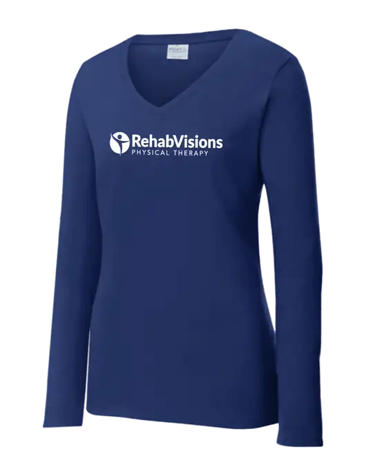 Womens  V-Neck Ring Spun Navy 4.5 oz Long Sleeve T-Shirt w/RV Physical Therapy Logo
