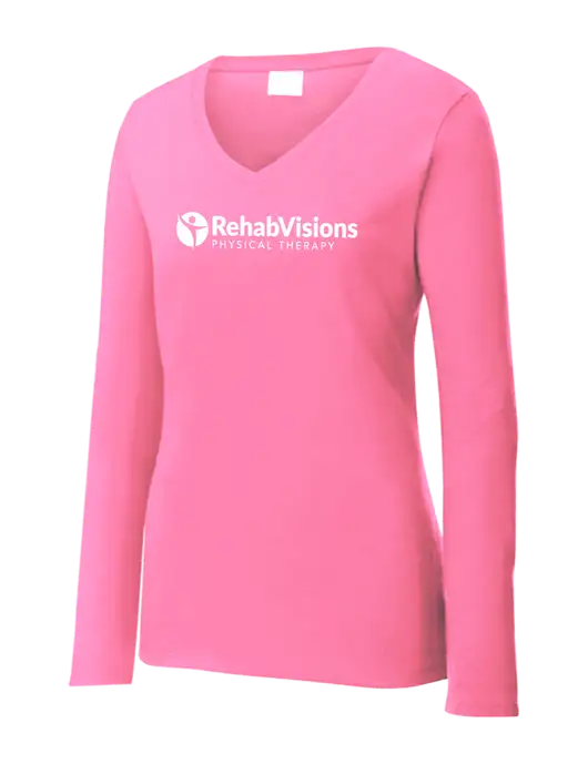 Womens  V-Neck Ring Spun Pink 4.5 oz Long Sleeve T-Shirt w/RV Physical Therapy Logo