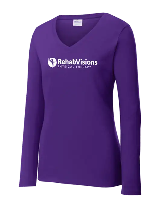 Womens  V-Neck Ring Spun Purple 4.5 oz Long Sleeve T-Shirt w/RV Physical Therapy Logo