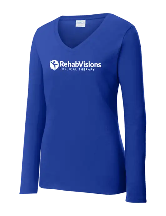 Womens  V-Neck Ring Spun Royal 4.5 oz Long Sleeve T-Shirt w/RV Physical Therapy Logo